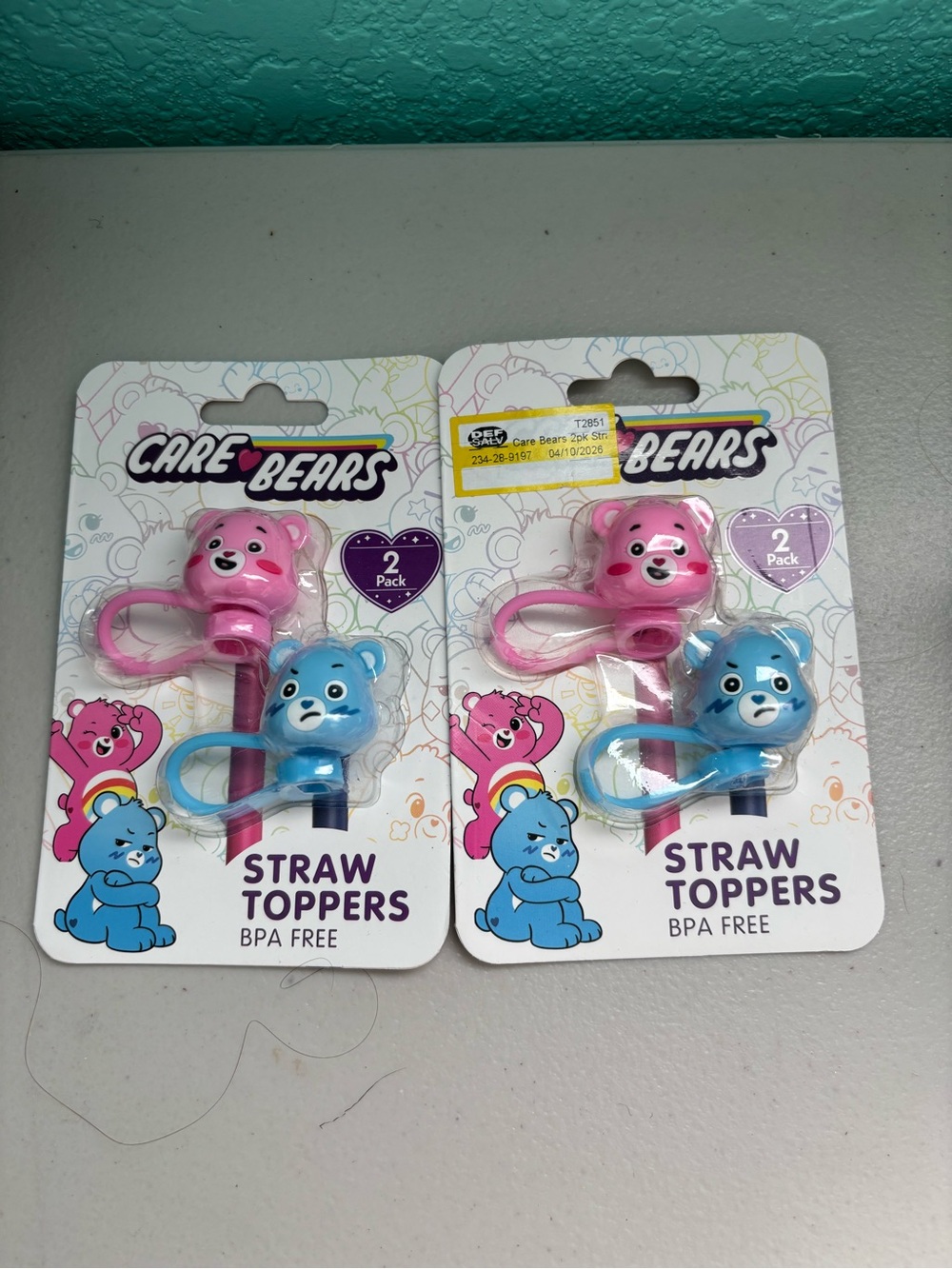 Care Bears 10mm Straw Toppers (2) 2-Pack With Cheer Bear & Grumpy Bear New